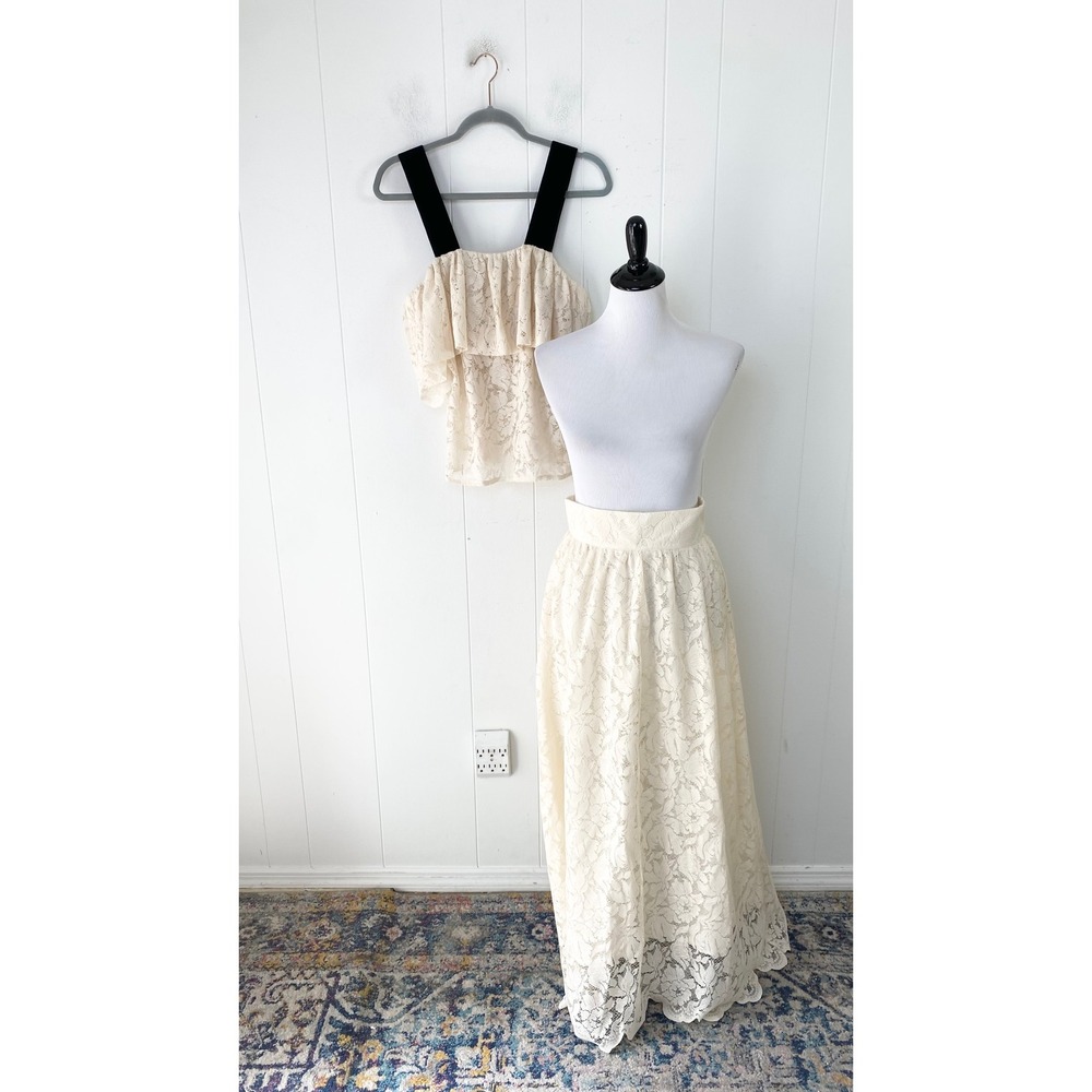 Nina Blanc LE Ecru' Cle'mence Lace Ruffle Top and Maxi Skirt Set Cream Sz Medium